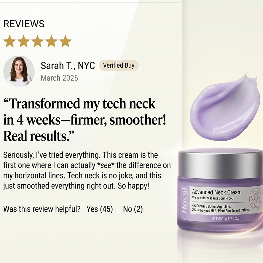 Credo Beauty Advanced Neck Cream with a five-star review on a smartphone screen.